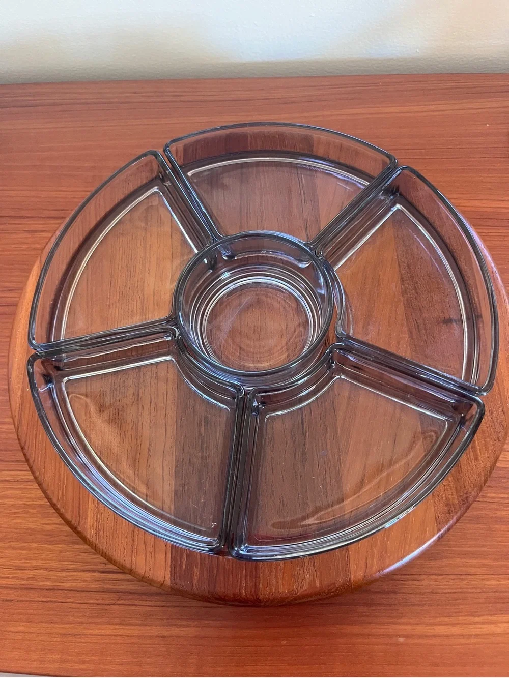 Solid Teak Lazy Susan with smoked glass dishes.